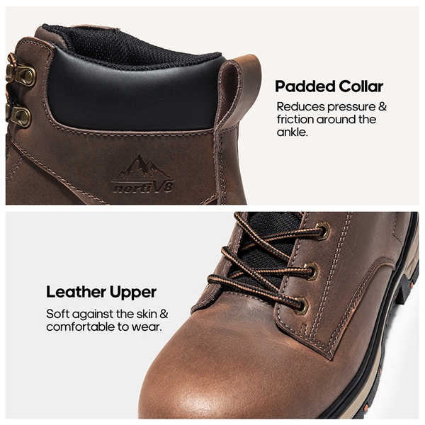 Men's Water-Resistant Steel Toe Leather Work Boots - DARK BROWN - 2